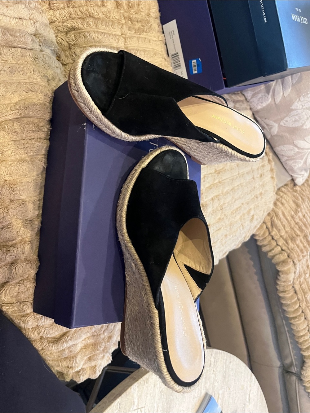 Stuart Weitzman Black Suede Espadrille Wedge Slides